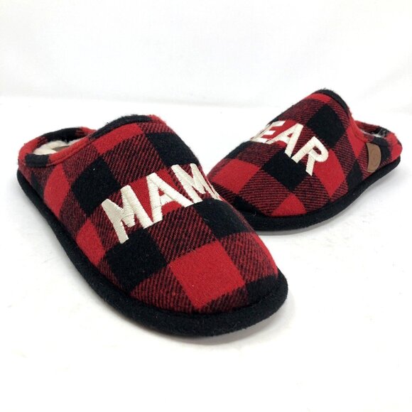 DearFoams Slippers Womens Medium Black Red Buffalo Plaid Mama Bear Fleece Lined - Picture 1 of 10